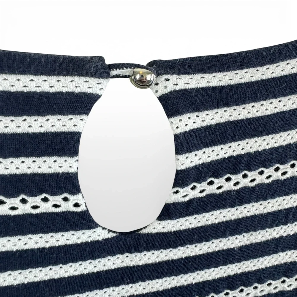 CJ Banks 1X Navy‎ Blue White Striped Eyelet Keyhole Short Sleeve Top Nautical